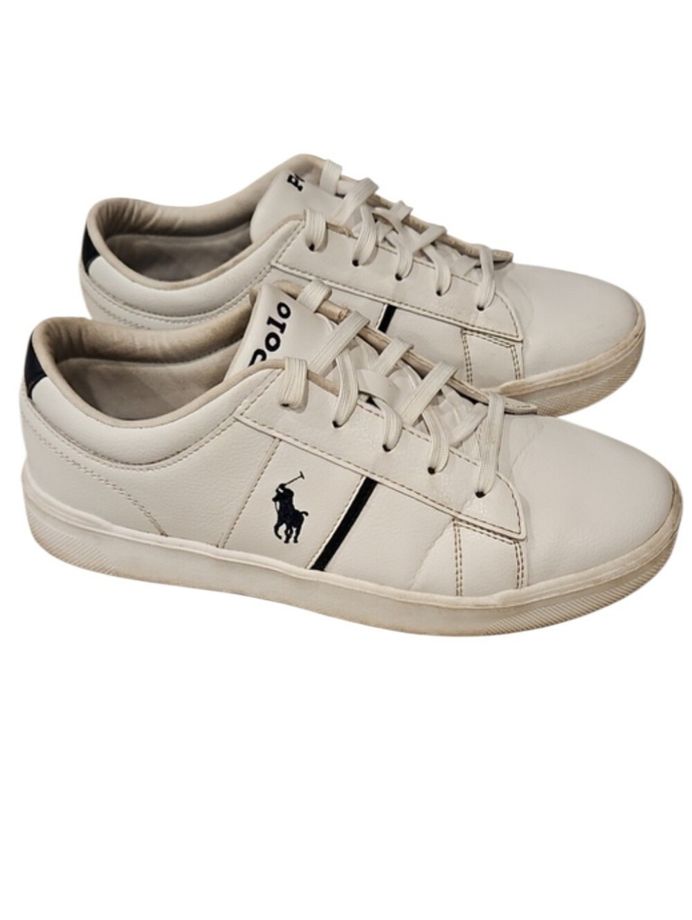 Polo by Ralph Lauren Men’s White Leather Sneakers with Black Stripe, Size 7